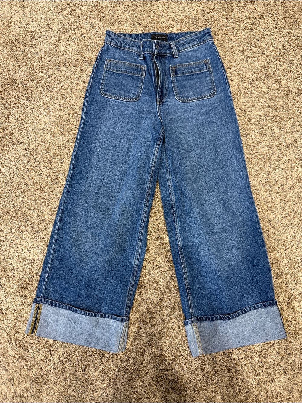 High-Rise Wide Leg Blue Denim Jeans with Patch Pockets